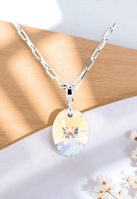 Collar Chiara Praga Baño Oro Blanco Cristal Genuino Aurora Boreal