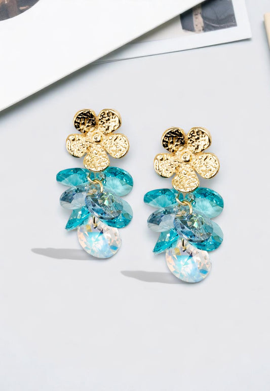 Aros Moana Baño de Oro 24k Cristal Genuino Turquesa