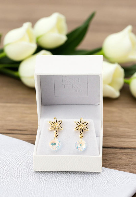 Aros Elsa Baño de Oro 24k Cristal Genuino Aurora Boreal