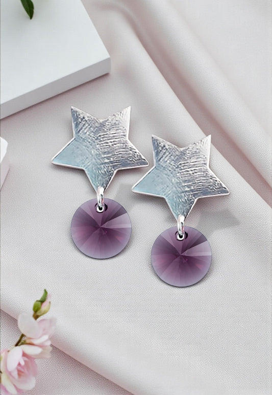 Aros Star Baño de Oro Blanco 24k Creado con Cristal Swarovski® Amethyst