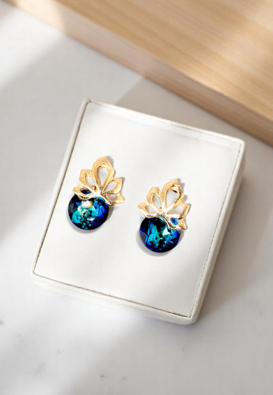 Aros Bali Gold 24K Cristal Genuino Bermuda Blue