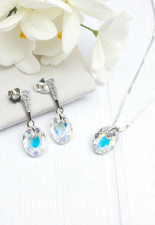 Aros +Collar Conjunto Antonia Plata 925 Cristal Genuino Aurora Boreal