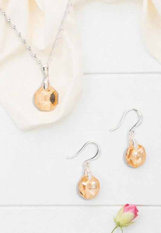 Aros + Collar Conjunto Bruselas Plata 925 Cristal Genuino Golden