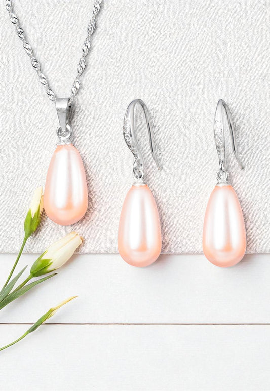 Collar + Aros Conjunto Moscu Plata 925 Perla Organica Peach