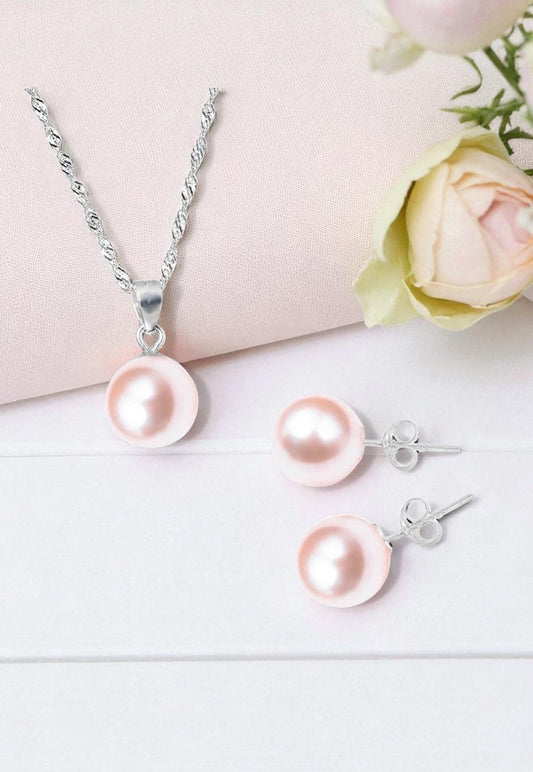 Aros + Collar Conjunto Viena Plata 925 Perla Genuina Peach