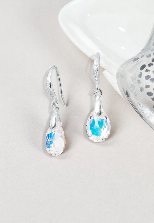 Aros Gota de Luz Plata Italiana 925 Cristal Genuino Aurora Boreal