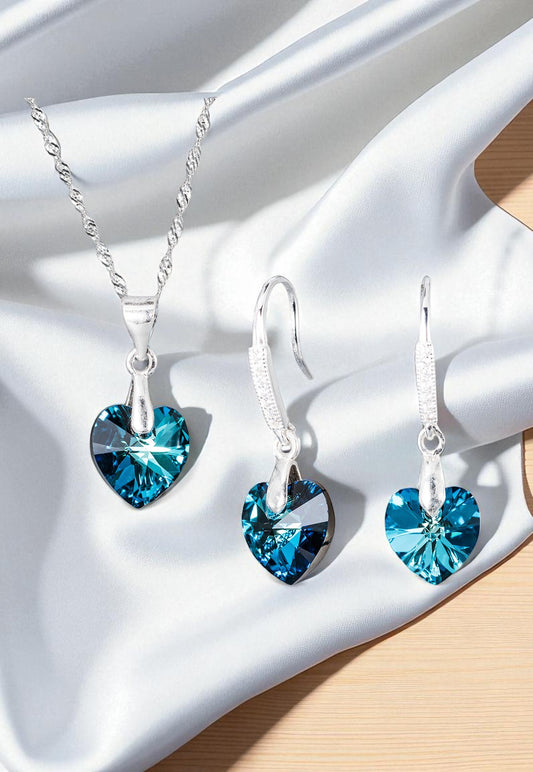 Conjunto Romance Plata 925 Cristal Genuino Bermuda Blue