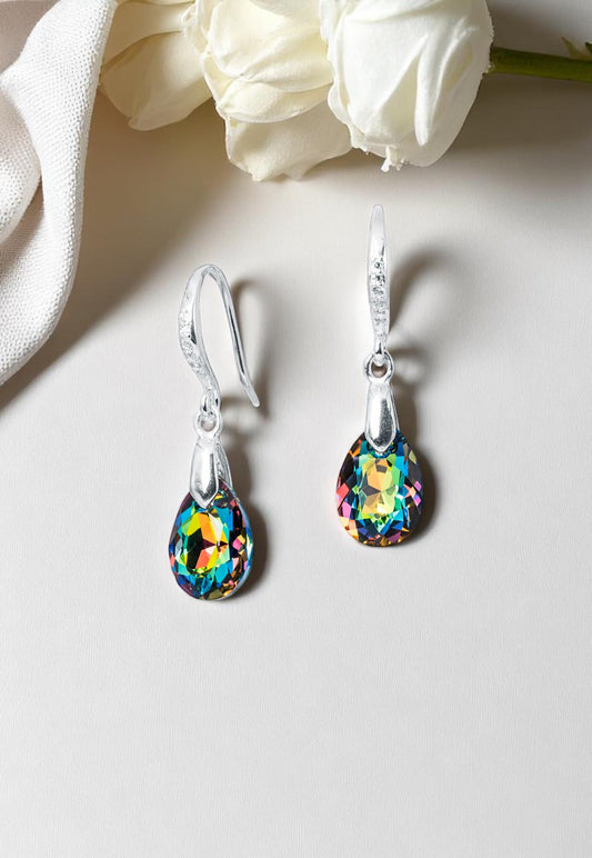 Aros Gota de Luz Plata Italiana 925 Cristal Genuino Vitral Medium