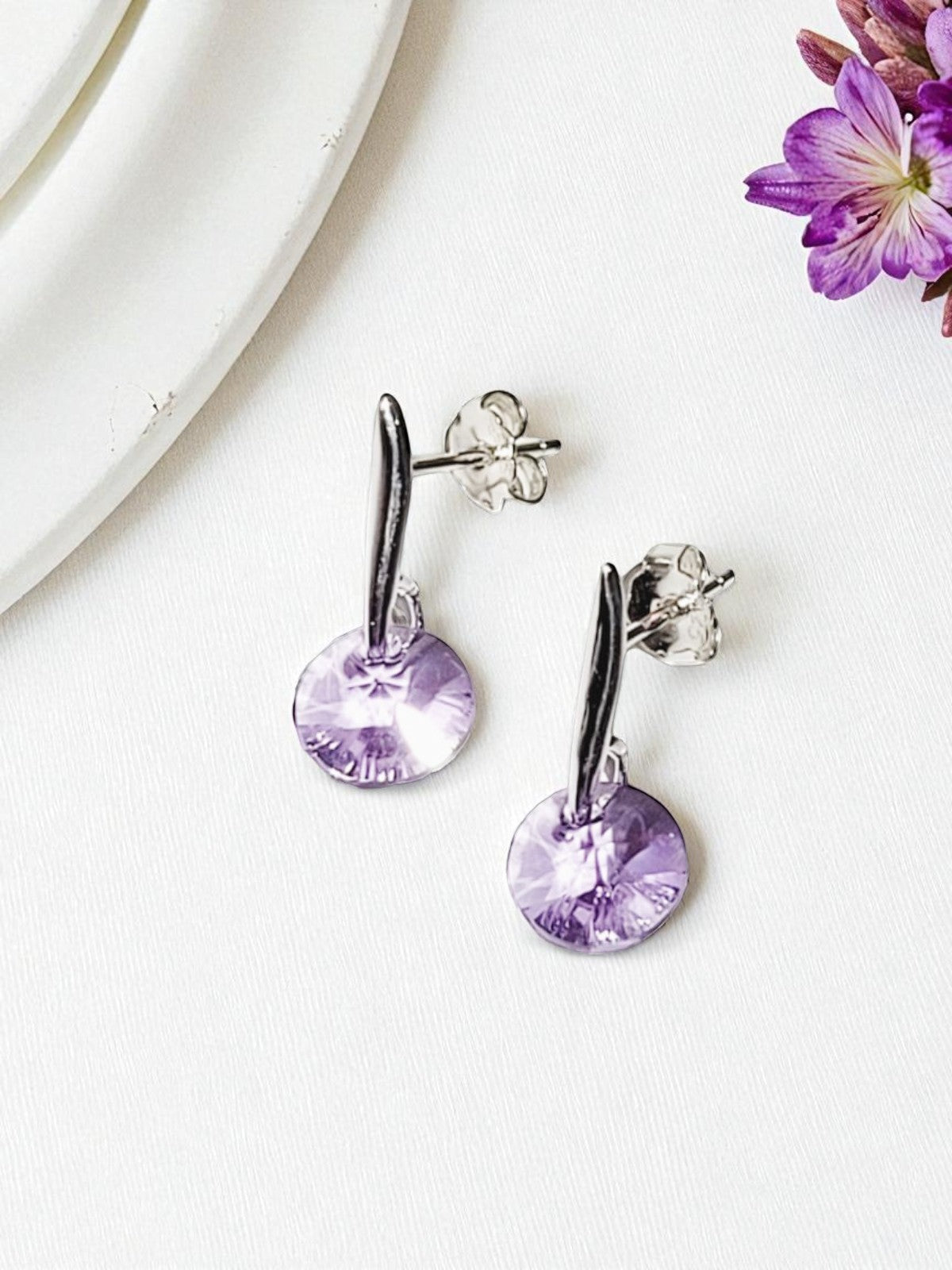 Aros Punto De Luz Plata Italiana 925 Cristal Genuino Violeta