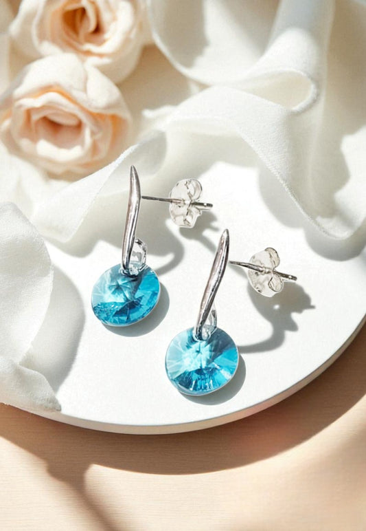 Aros Punto De Luz Plata 925 Cristal Genuino Turquesa