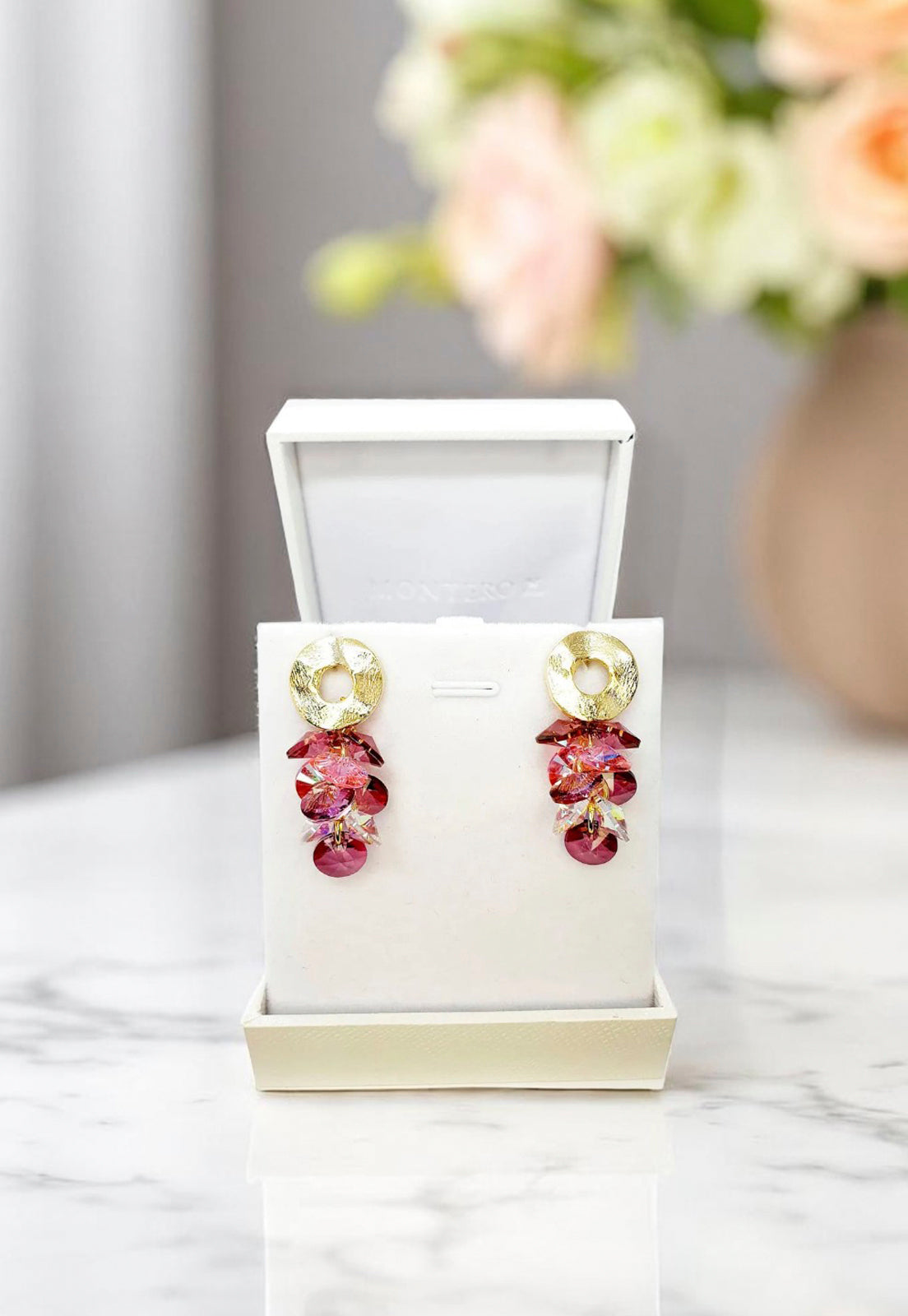 Aros Camila Gold 24k Cristal Genuino Antique Pink