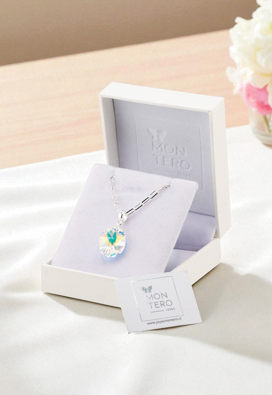 Collar Chiara Praga Baño Oro Blanco Cristal Genuino Aurora Boreal