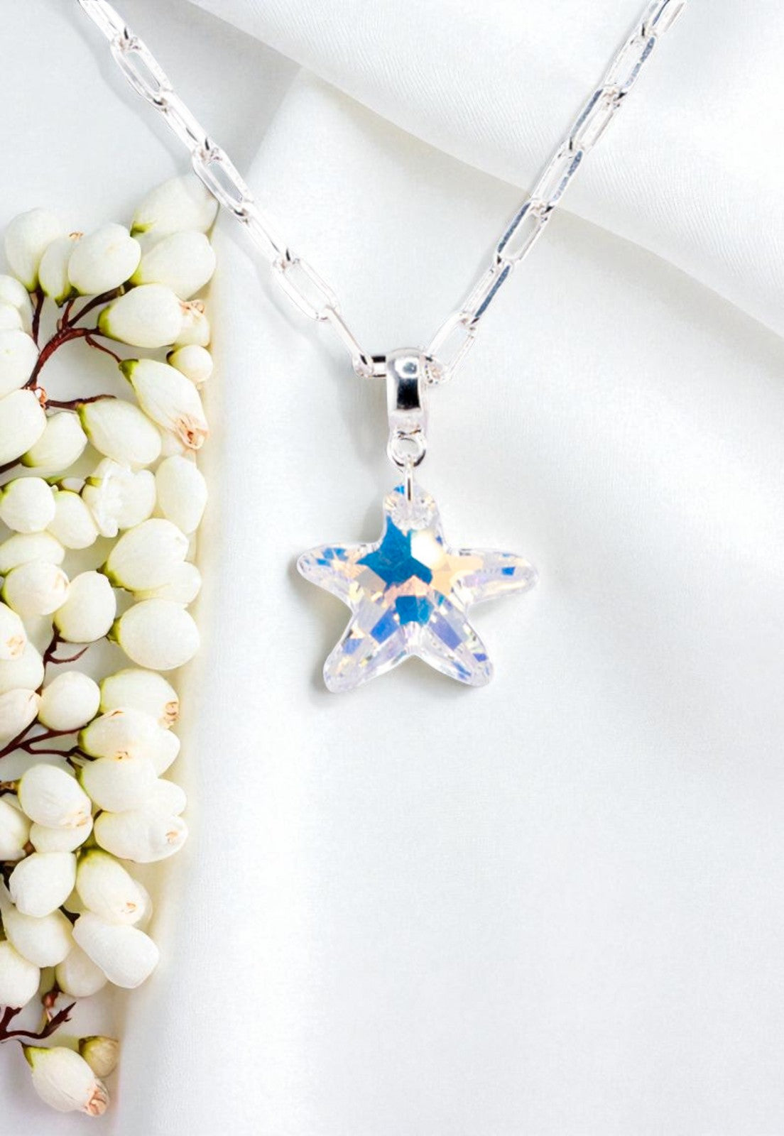 Collar Chiara Sicilia Baño Oro Blanco Cristal Genuino Aurora Boreal