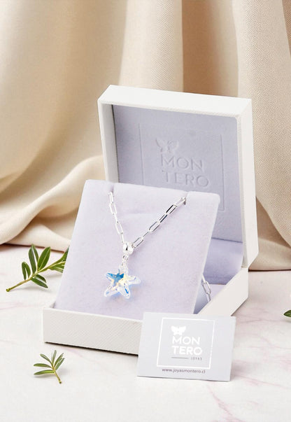 Collar Chiara Sicilia Baño Oro Blanco Cristal Genuino Aurora Boreal