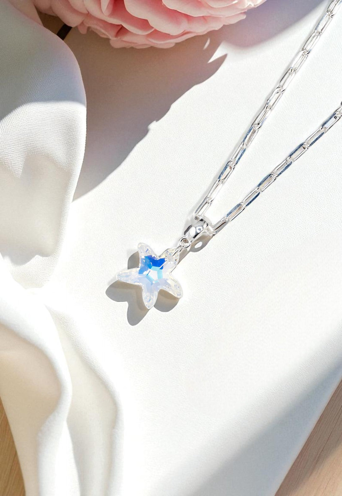 Collar Chiara Sicilia Baño Oro Blanco Cristal Genuino Aurora Boreal