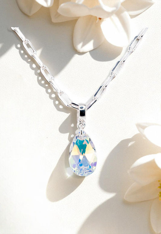 Collar Chiara Palermo Baño Oro Blanco Cristal Genuino Aurora Boreal