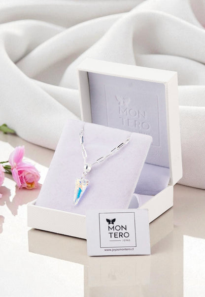 Collar Chiara Roma Baño Oro Blanco Cristal Genuino Aurora Boreal