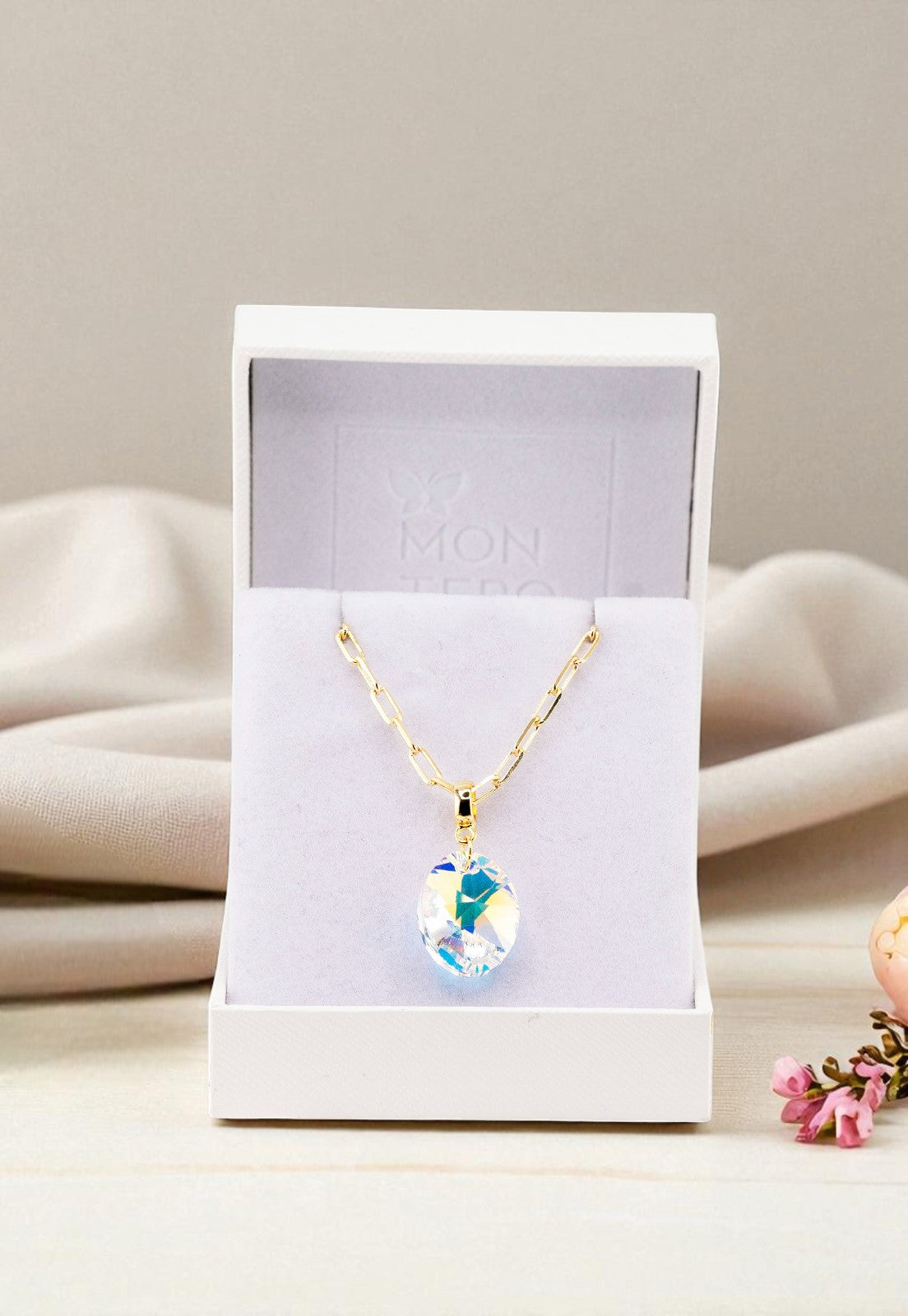 Collar Chiara Praga Gold 24K Cristal Genuino Aurora Boreal