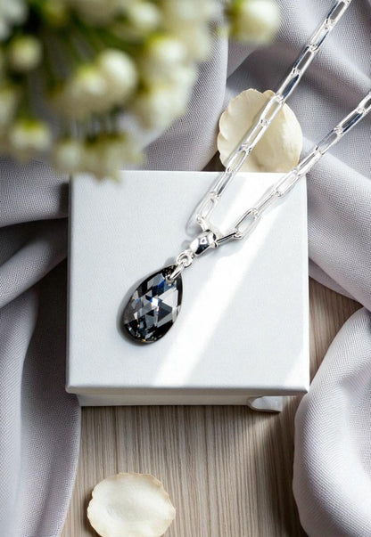 Collar Chiara Palermo Baño Oro Blanco Cristal Genuino Silver Night