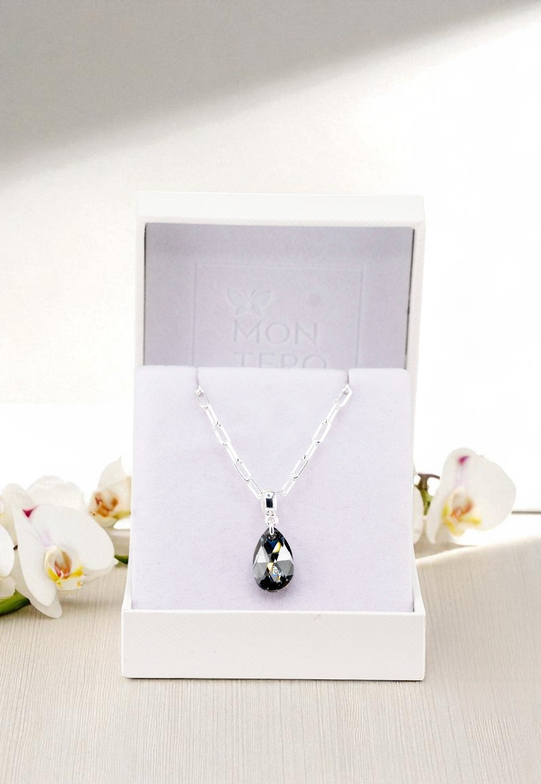 Collar Chiara Palermo Baño Oro Blanco Cristal Genuino Silver Night