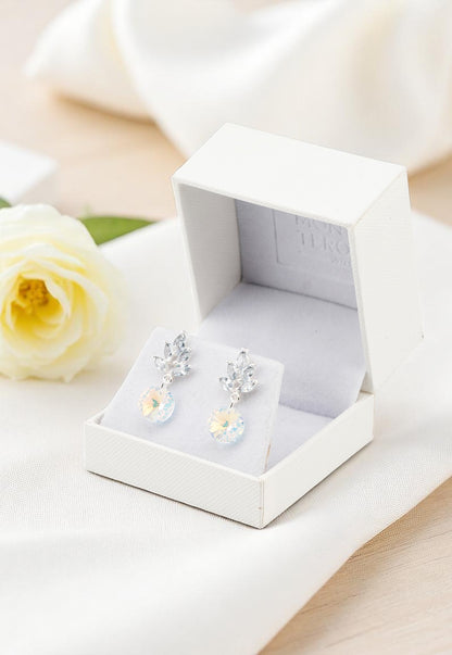 Aros Penelope Baño de Oro Blanco Cristal Genuino Aurora Boreal