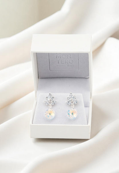 Aros Penelope Baño de Oro Blanco Cristal Genuino Aurora Boreal