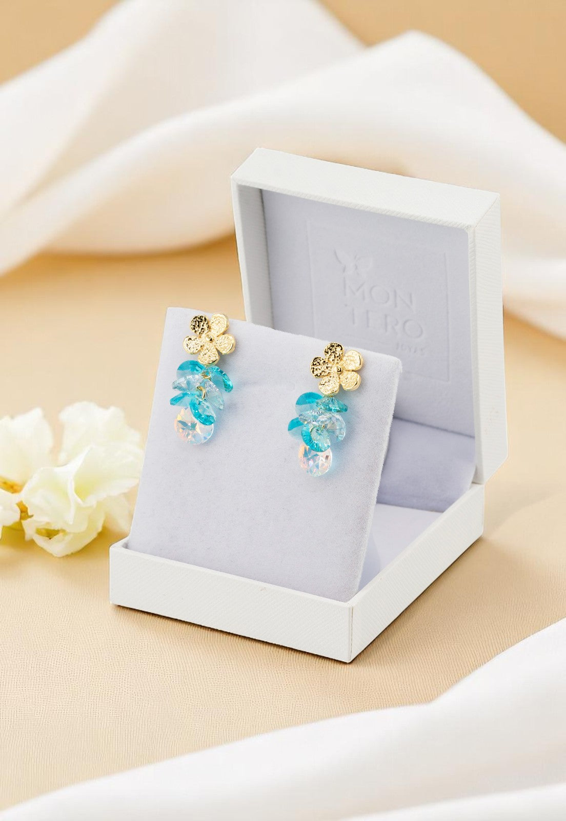 Aros Moana Baño de Oro 24k Cristal Genuino Turquesa