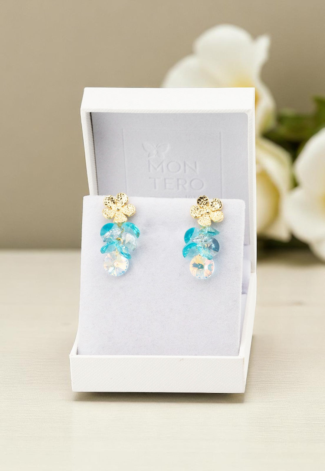 Aros Moana Baño de Oro 24k Cristal Genuino Turquesa