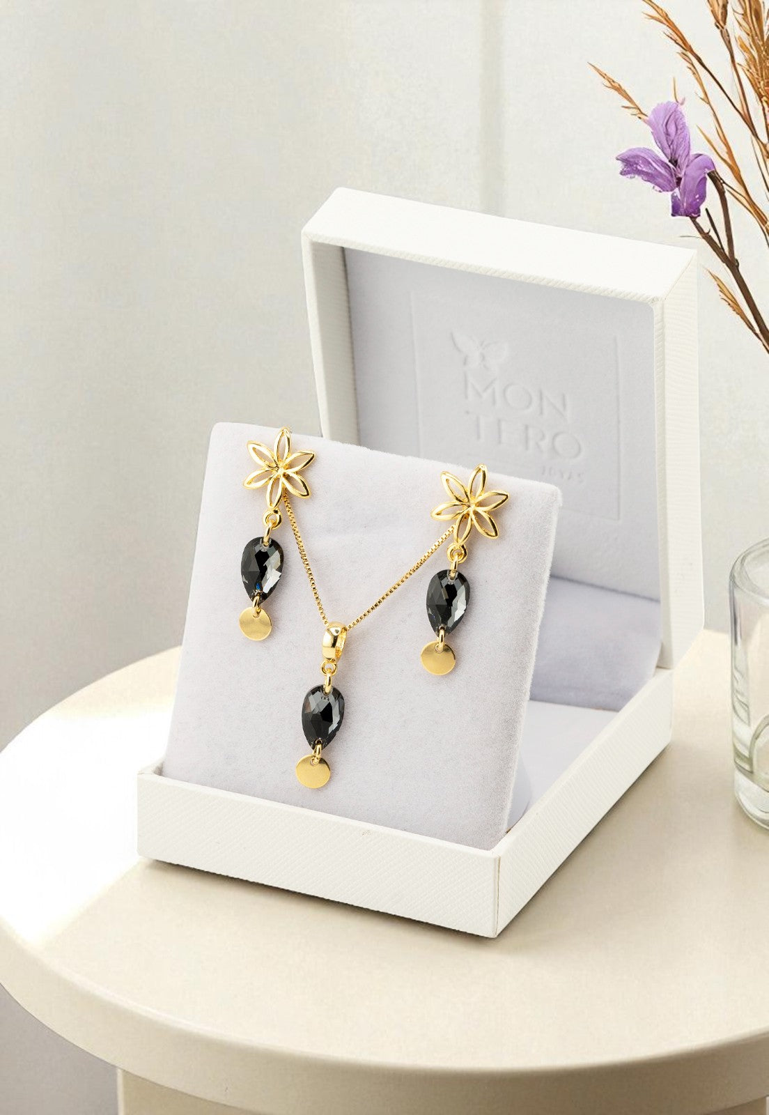 Conjunto Dalia Gold 24K Cristal Genuino Silver Night