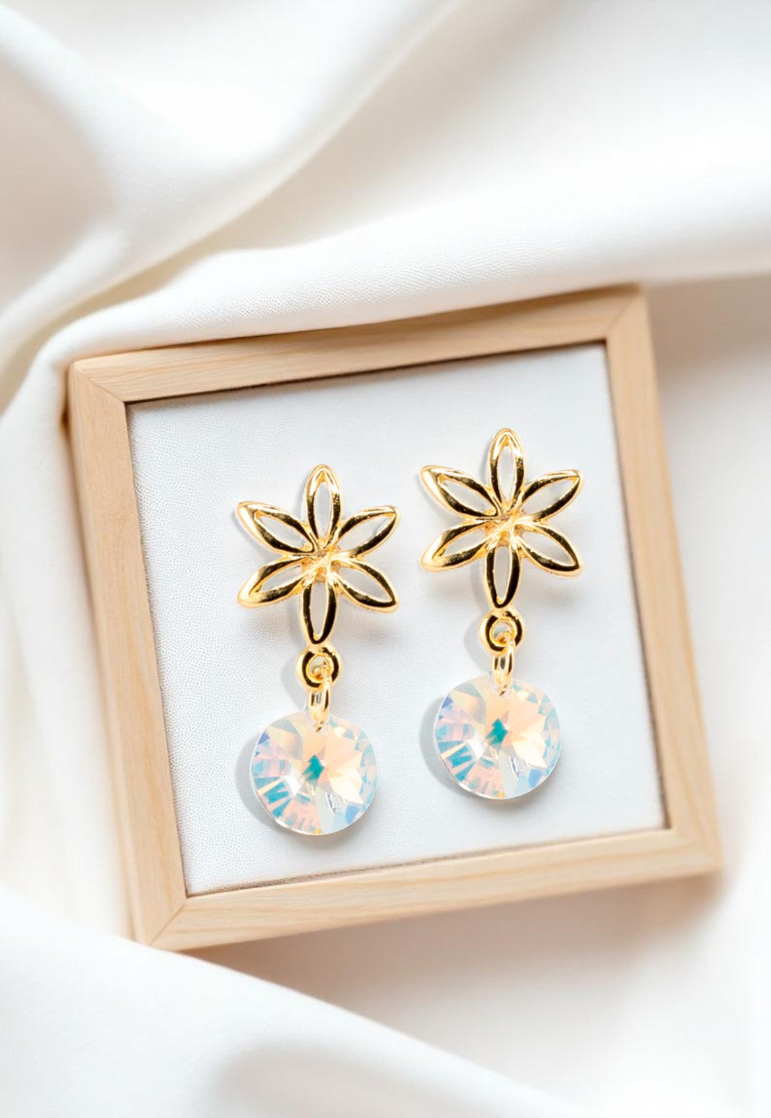 Aros Elsa Baño de Oro 24k Cristal Genuino Aurora Boreal