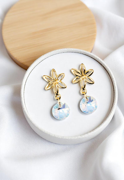 Aros Elsa Baño de Oro 24k Cristal Genuino Aurora Boreal