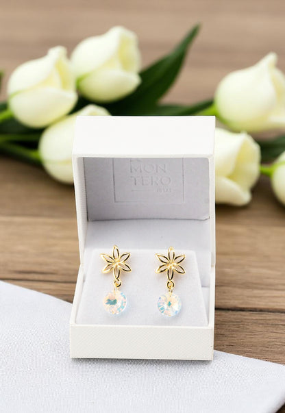 Aros Elsa Baño de Oro 24k Cristal Genuino Aurora Boreal