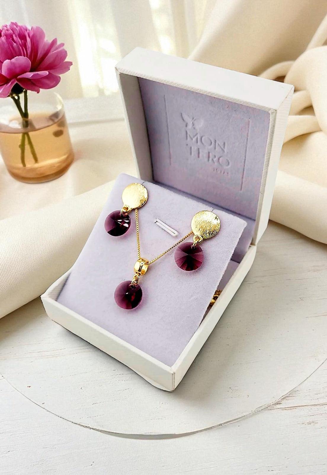 Conjunto Amelia Gold 24K  Cristal Genuino Amethyst