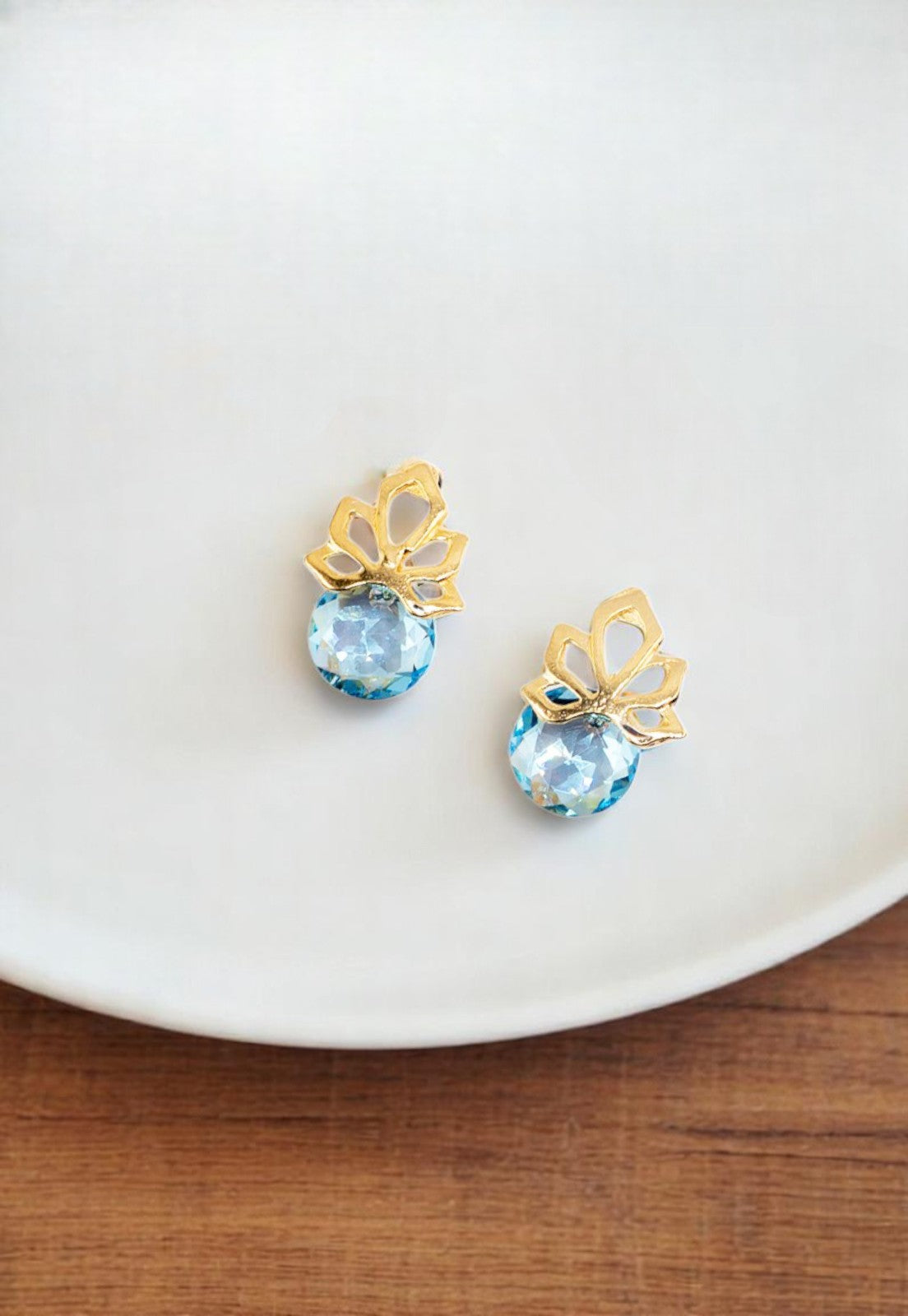 Aros Bali Gold 24K Cristal Genuino Aquamarine