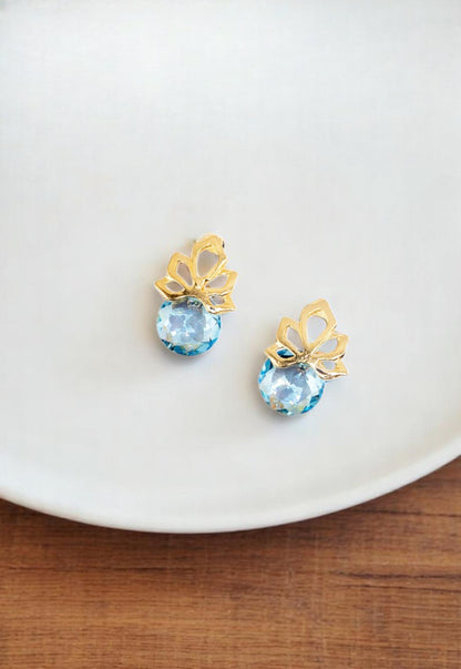 Aros Bali Gold 24K Cristal Genuino Aquamarine