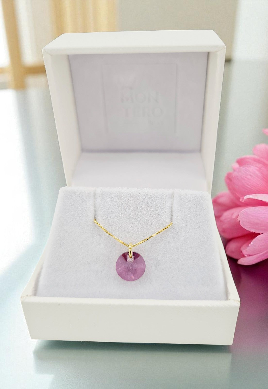 Collar Punto de Luz Gold 24k Cristal Genuino Antique Pink