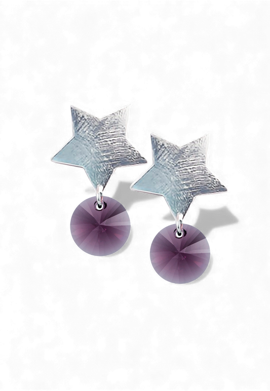 Aros Star Baño de Oro Blanco 24k Creado con Cristal Swarovski® Amethyst