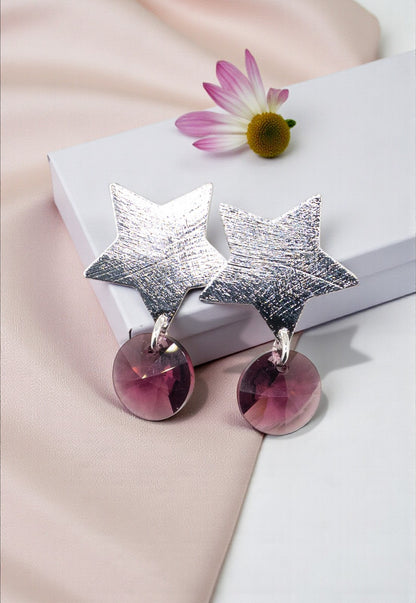 Aros Star Baño de Oro Blanco 24k Creado con Cristal Swarovski® Amethyst