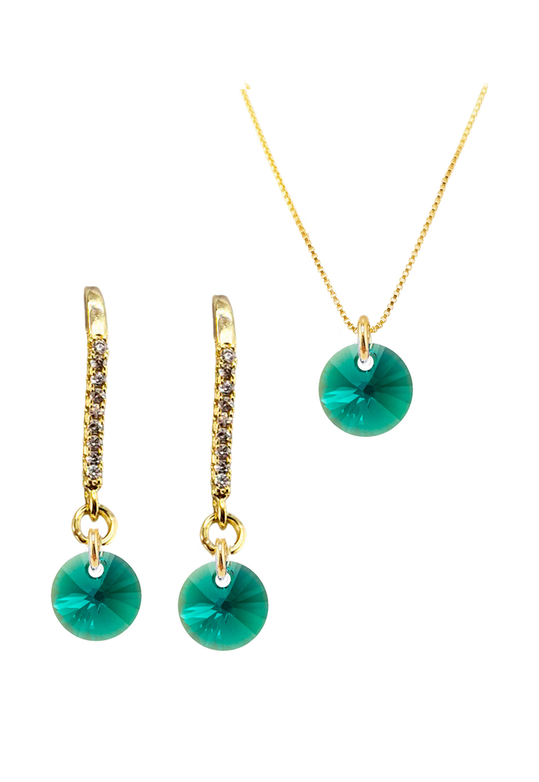 Conjunto Antonia Gold Baño de Oro 24k Cristales Emerald.