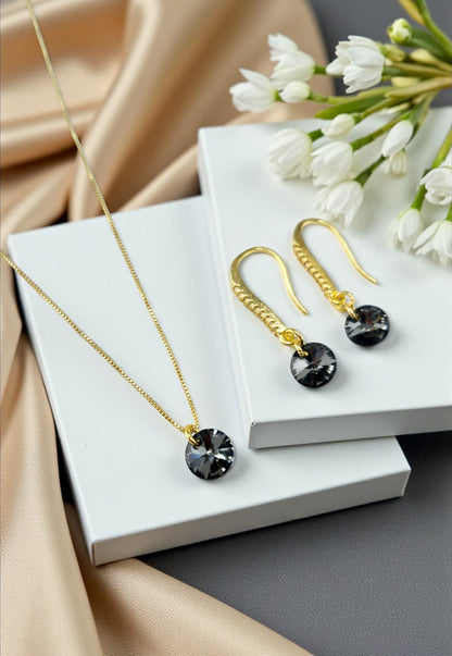 Conjunto Antonia Gold Baño de Oro 24k Cristales Silver Night