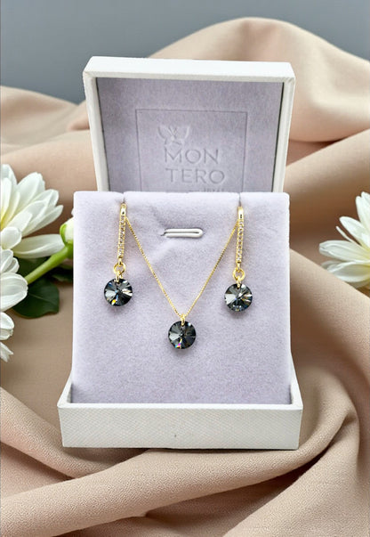 Conjunto Antonia Gold Baño de Oro 24k Cristales Silver Night