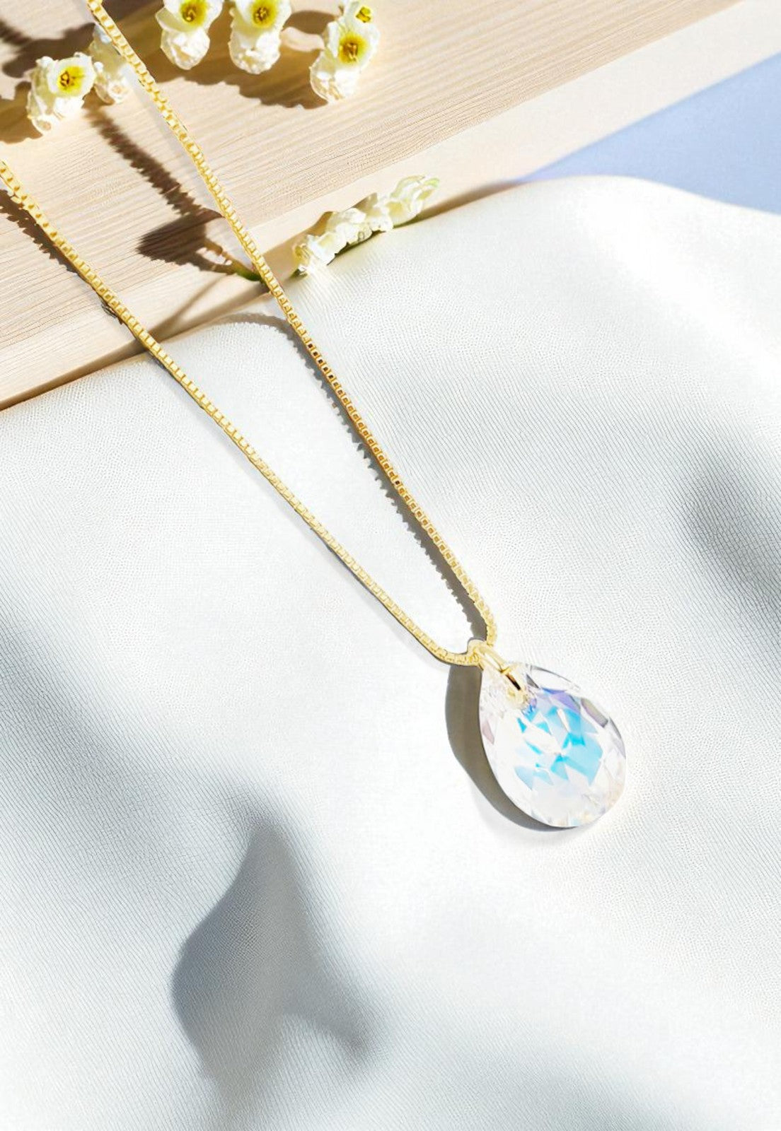 Collar Gota de Luz Gold 24K Cristal Genuino Aurora Boreal