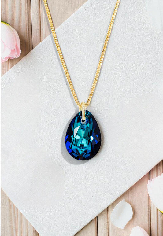 Collar Gota de Luz Gold 24K Cristal Genuino Bermuda Blue