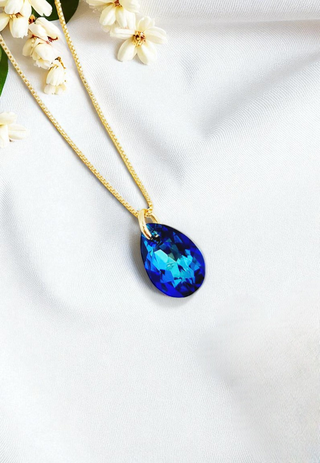 Collar Gota de Luz Gold 24K Cristal Genuino Bermuda Blue