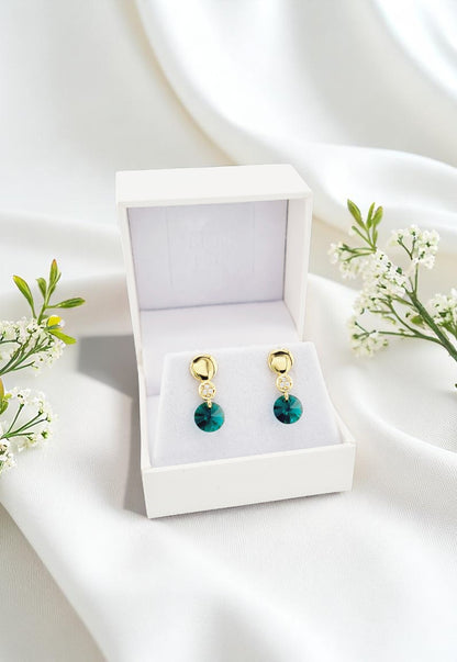 Aros Punto de Luz Gold 24K Cristal Genuino Emerald