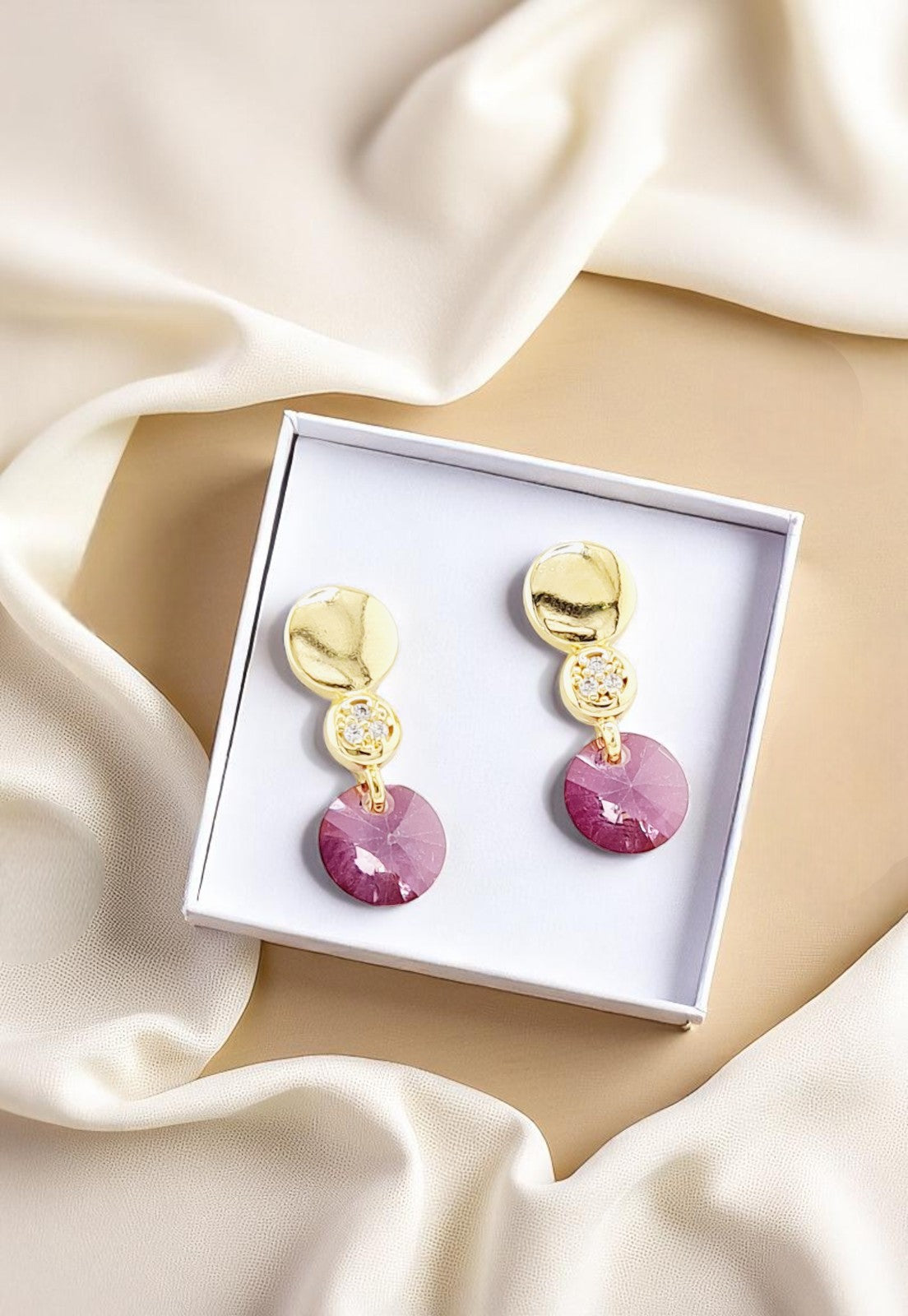 Aros Punto de Luz Gold 24K Cristal Genuino Antique Pink