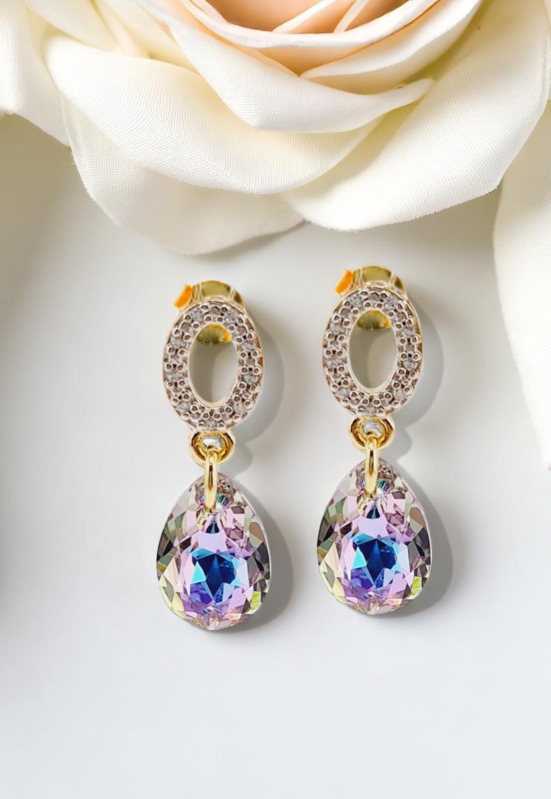 Aros Gota de Luz Gold 24k Cristal Genuino Vitral Ligth