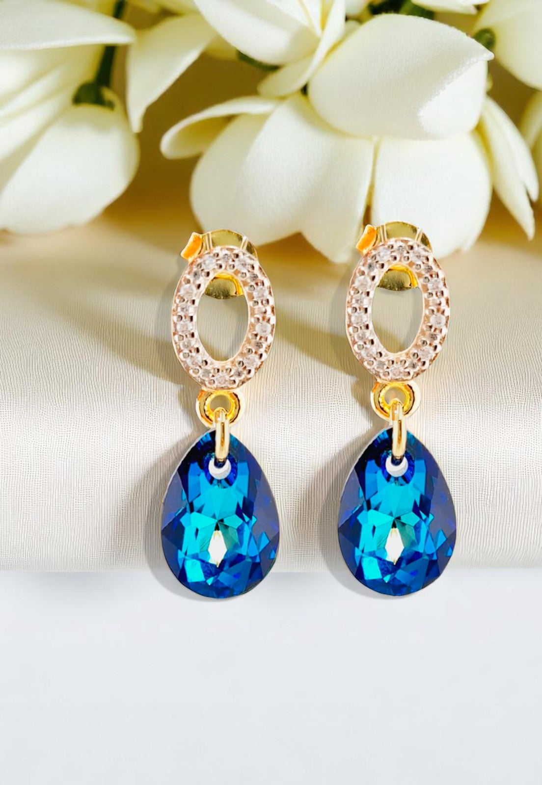 Aros Gota de Luz Gold 24k Cristal Genuino Bermuda Blue