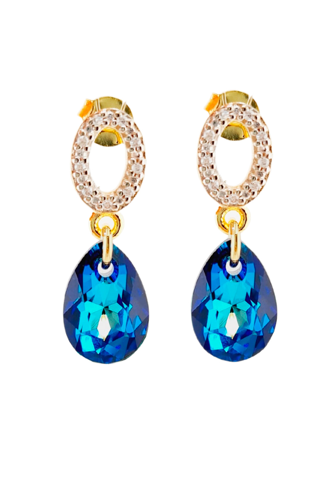 Aros Gota de Luz Gold 24k Cristal Genuino Bermuda Blue