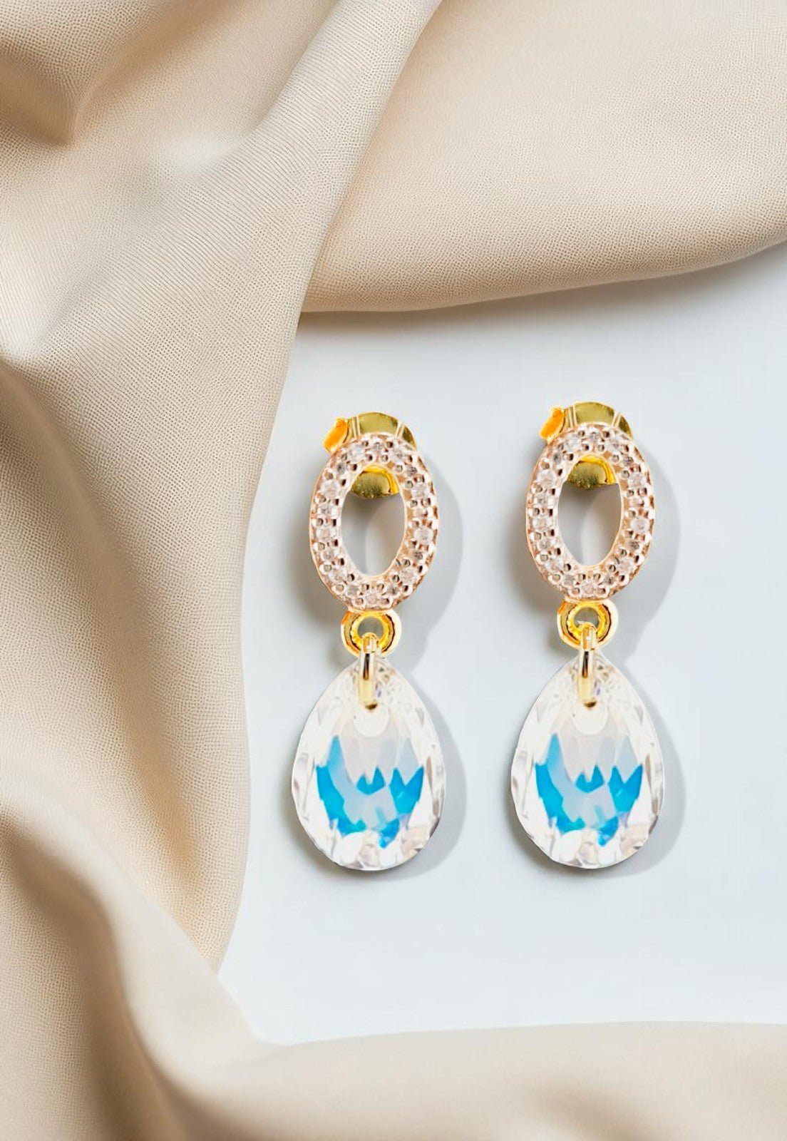 Aros Gota DE Luz Gold 24K Cristal Genuino Aurora Boreal